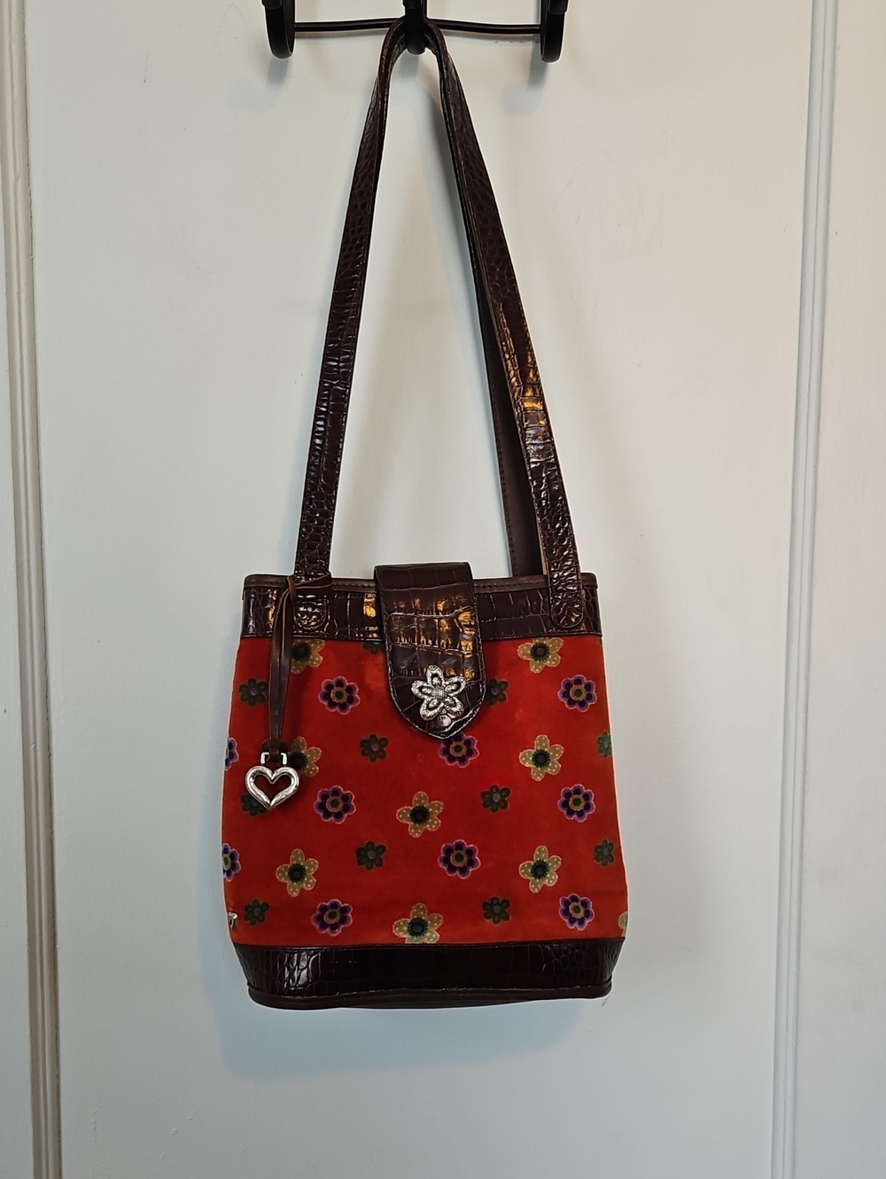 Vintage Brighton Collectible Orange Floral Suede Bucket Bag